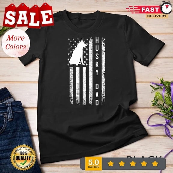 Mens Husky Lover Gift Siberian Husky Dad American Flag Dog Lover Unisex T-Shirt, Vintage Birthday Gift