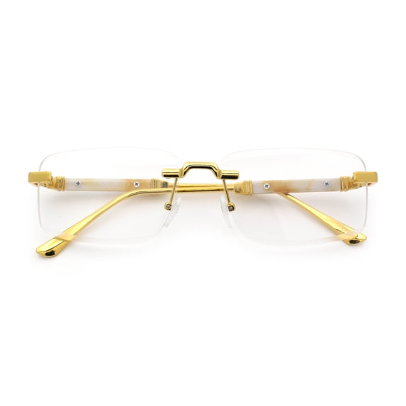 Mens Hustler Rimless Narrow Rectangle Metal Rim Fashion Eyeglasses Gold Beige