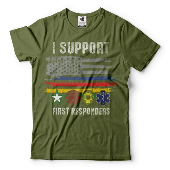Mens I Support First Responders Shirt USA Patriotic Flag Shirt Police Firefighter Military EMT Tee (Large Military Green)