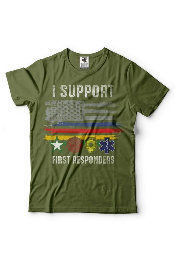 Mens I Support First Responders Shirt USA Patriotic Flag Shirt Police Firefighter Military EMT Tee (Large Military Green)