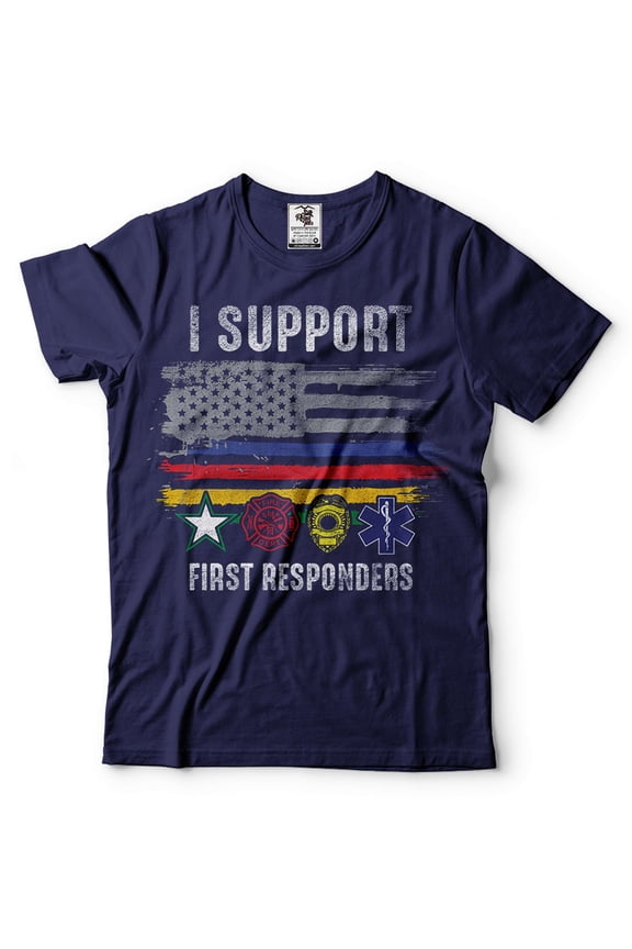 Mens I Support First Responders Shirt USA Patriotic Flag Shirt Police Firefighter Military EMT Tee (Medium Navy Blue)