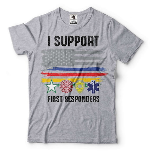 Mens I Support First Responders Shirt USA Patriotic Flag Shirt Police Firefighter Military EMT Tee (Small Grey)