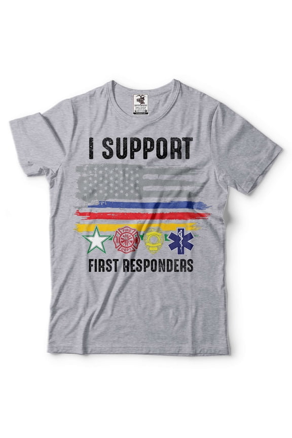 Mens I Support First Responders Shirt USA Patriotic Flag Shirt Police Firefighter Military EMT Tee (X-Large Grey)