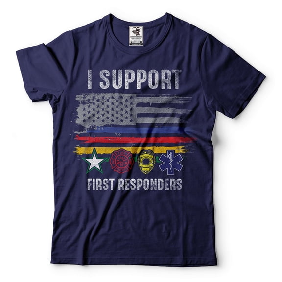 Mens I Support First Responders Shirt USA Patriotic Flag Shirt Police Firefighter Military EMT Tee (XX-Large Navy Blue)