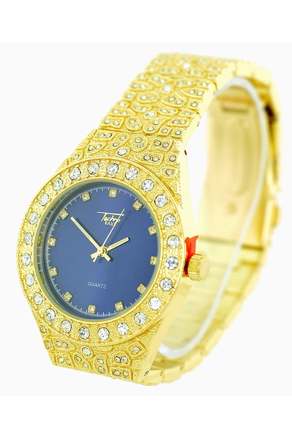 Mens ICEDOUT Gold-Tone nugget Style clubbing watch 43mm 12mm case. CZ bezel, Blue dial, 20mm wide gold-tone cz nugget Style bracelet fits 8 inches wrist.
