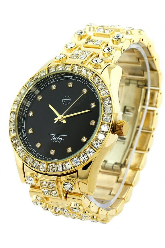 Mens ICEDOUT Silver-Tone nugget Style clubbing watch 43mm 10mm case. CZ bezel, Black dial, 20mm wide Silver-tone cz nugget Style bracelet fits 8 inches wrist.