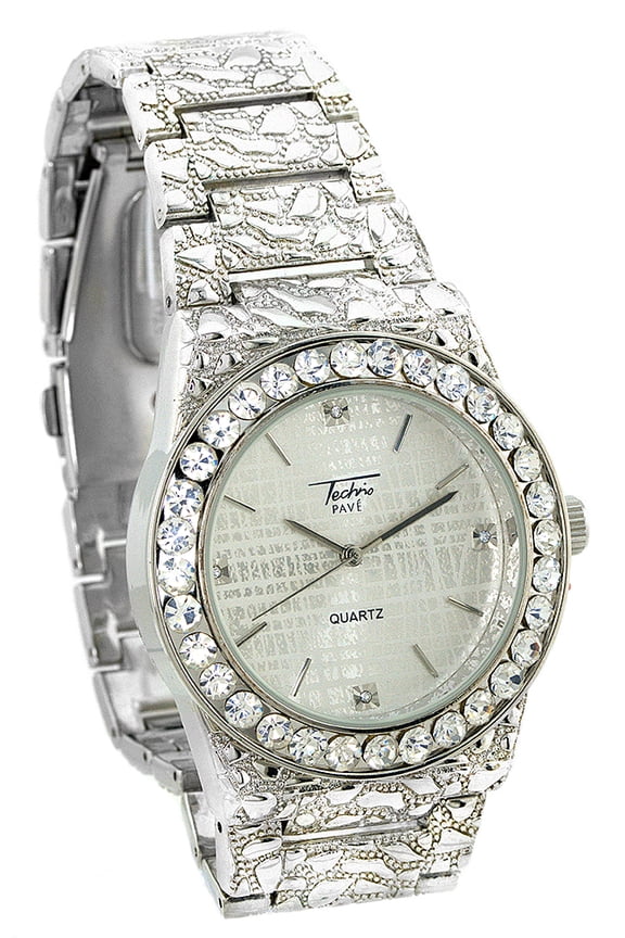 Mens ICEDOUT Silver-Tone nugget Style clubbing watch 44mm 12mm case. CZ bezel, Silver dial, 20mm wide Silver-tone cz nugget Style bracelet fits 8 inches wrist.
