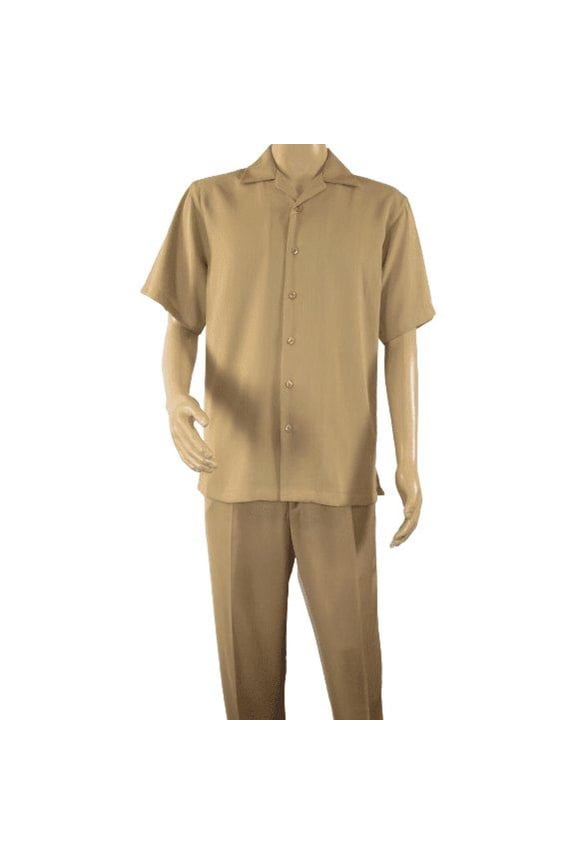 Mens INSERCH 2pc Walking Leisure Suit Shirt Pants Set Short Sleeves 9356 Khaki