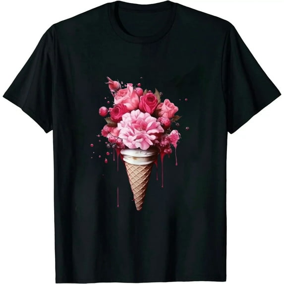 Mens Ice Cream Shirt Funny Graphic Tees for Women Vintage Tshirt Romantic Rose Flower Print Short Sleeve Tops