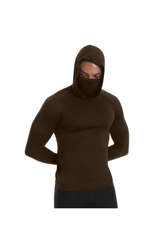 Mens Ice Silk Compression Thermal Shirts Hoodie with Mask Long Sleeve Winter Sports Base Layer Top Active Sun Shirt