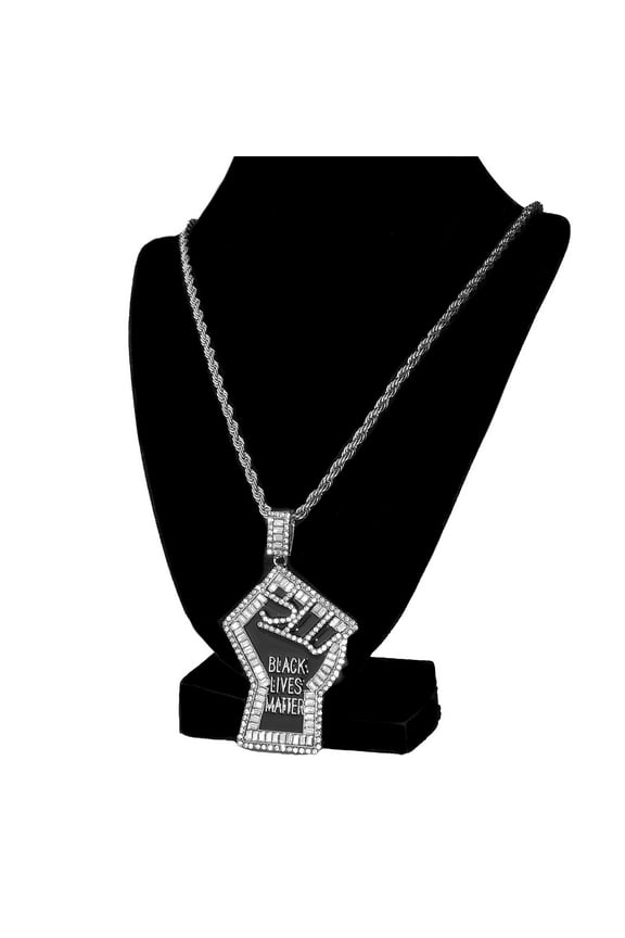 Mens Iced Baguettes Raised Fist Pendant Chain Black Lives Matter Silver Tone Hip Hop Rope Necklace 30" Inch