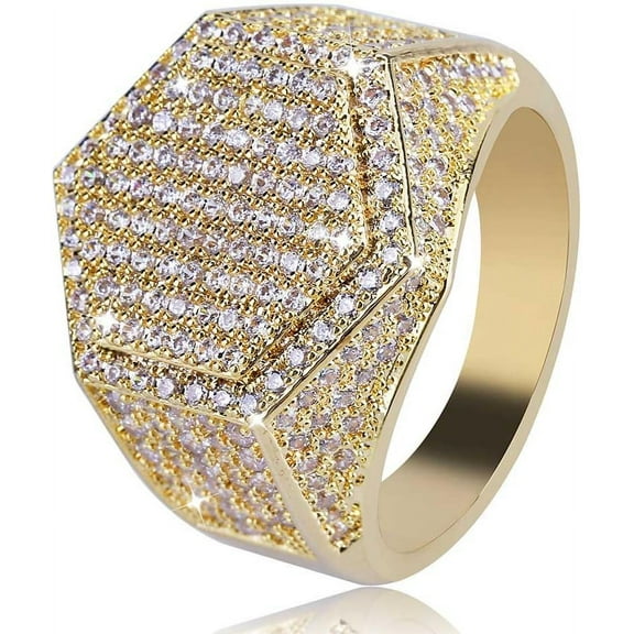 Mens Iced Out CZ Hexagon Bling Pinky Ring 18k gold Plated Hip Hop Ring for Men