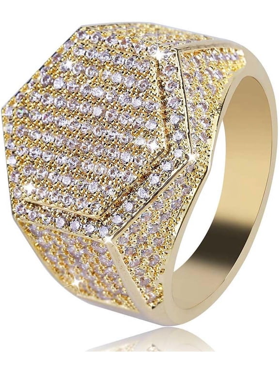 Mens Iced Out CZ Hexagon Bling Pinky Ring 18k gold Plated Hip Hop Ring for Men
