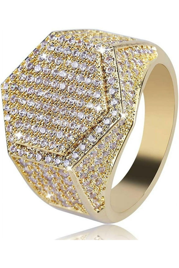 Mens Iced Out CZ Hexagon Bling Pinky Ring 18k gold Plated Hip Hop Ring for Men