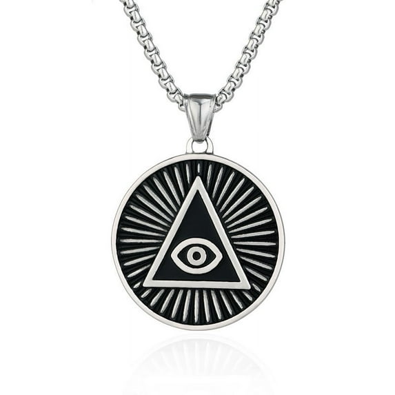 Mens Illuminati The All-Seeing-Eye Pyramid/Eye Symbol Round Pendant Stainless Steel Necklace