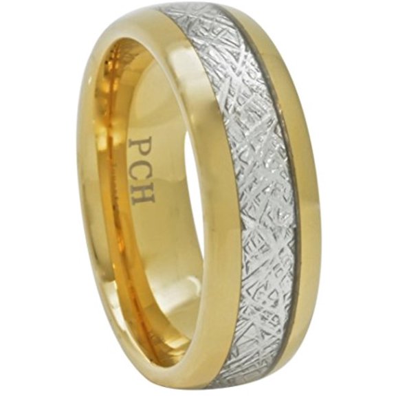 Mens Imitated Meteorite Tungsten Ring Comfort Fit Dome Wedding Band 8mm 14K Gold Plate (10)
