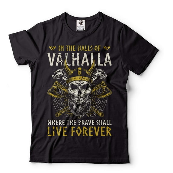 Mens In The Halls Of Valhalla T-Shirt Viking Shirts Viking Warrior Gift Tee Skull Helmet T-Shirt (Medium Black)