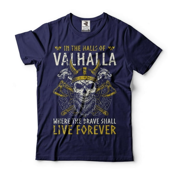Mens In The Halls Of Valhalla T-Shirt Viking Shirts Viking Warrior Gift Tee Skull Helmet T-Shirt (Small Navy Blue)