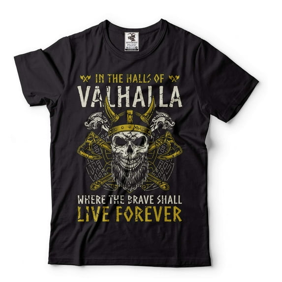 Mens In The Halls Of Valhalla T-Shirt Viking Shirts Viking Warrior Gift Tee Skull Helmet T-Shirt