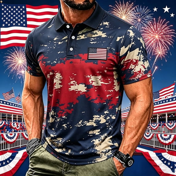 Mens Independence Day American Flag Patriotic Polo Shirts Short Sleeve Polo Shirts for Men Graphic Stretch Casual American Patriotic Raglan Golf Polos(Brick Red1,M)
