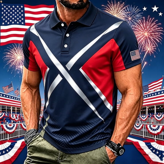 Mens Independence Day American Flag Patriotic Polo Shirts Short Sleeve Polo Shirts for Men Graphic Stretch Casual American Patriotic Raglan Golf Polos(Navy1,XXL)