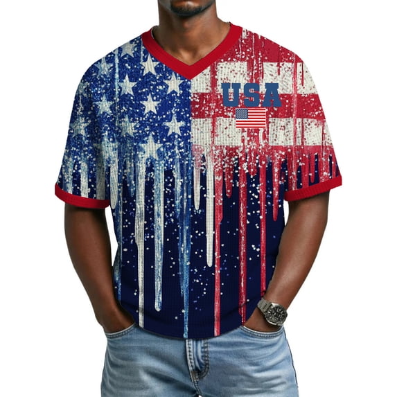 Mens Independence Day Shirts Patriotic 250 Anniversary Usa Shirt Short Sleeve V Neck We the People T Shirts Waffle Big and Tall Usa Flag Tees Vermilion M