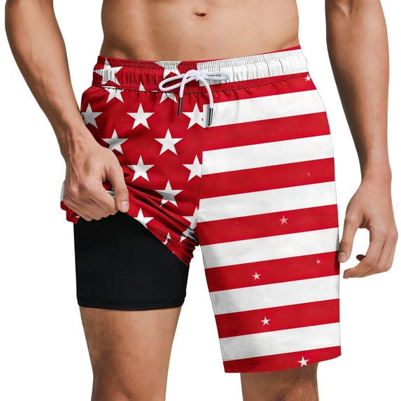 Mens Independence Day Swim Trunks Quick Dry Bathing Suit American Flag Print Swim Trunks with Compression Liner Swim Shorts 5 Inch with Pockets