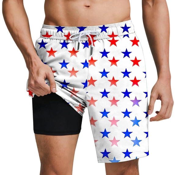 Mens Independence Day Swim Trunks Quick Dry Bathing Suit American Flag Print Swim Trunks with Compression Liner Swim Shorts 5 Inch with Pockets