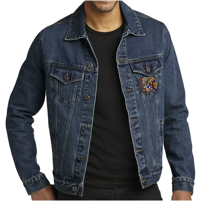【mnem】Patch Biker Denim Jacket Mens Indian Big Chief Biker Motorcycle Denim Jacket, Large