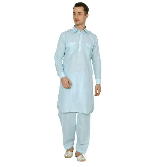 Mens Indian Pakistani Bollywood Designer Cotton Linen Pathani Suit Salwar Set