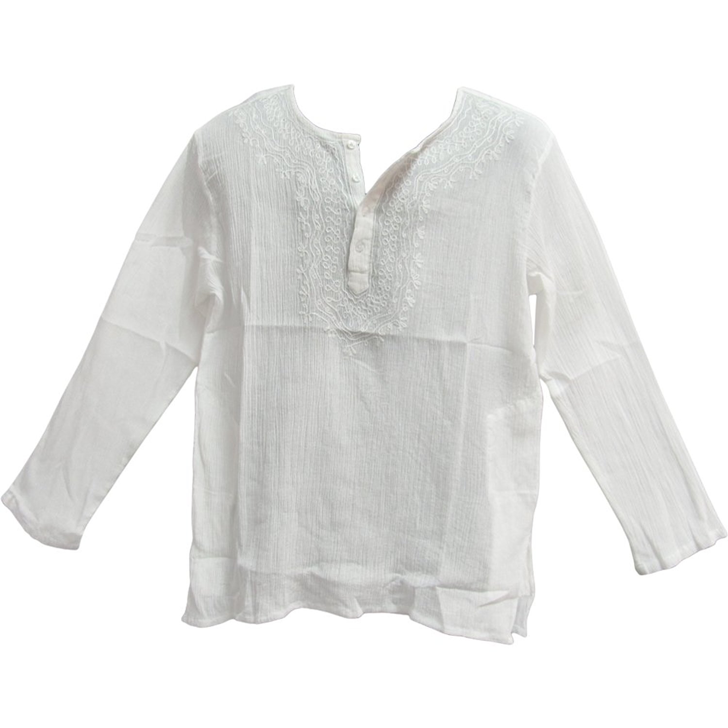 Mens Indian White Bohemian Crinkled Gauze Cotton Embroidered Tunic Shirt Kurta - Large - image 1 of 2