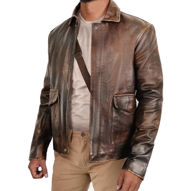 Men's Indiana Jones Style Leather Jacket - Vintage Distressed Brown Cowhide