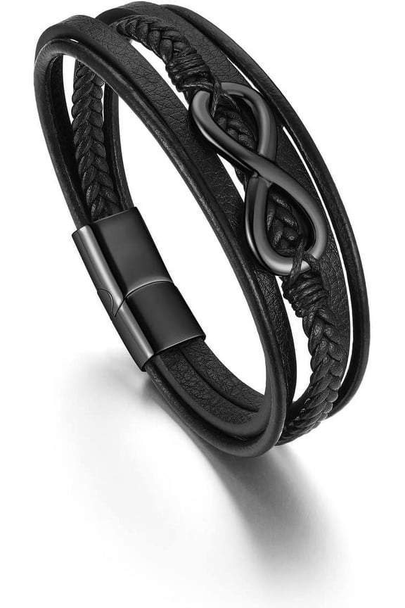 Mens Infinity Leather Bracelet Love Knot Infinity Bracelets with Stainless Steel Clasp Friendship Infinity Love Symbol Wristband Cuff Bangle Personality Braided Bracelets for Men