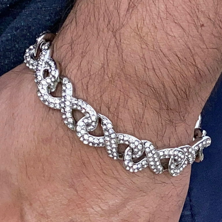 Mens Infinity Link Hip Hop Bracelet Iced Blinged Out Silver Tone