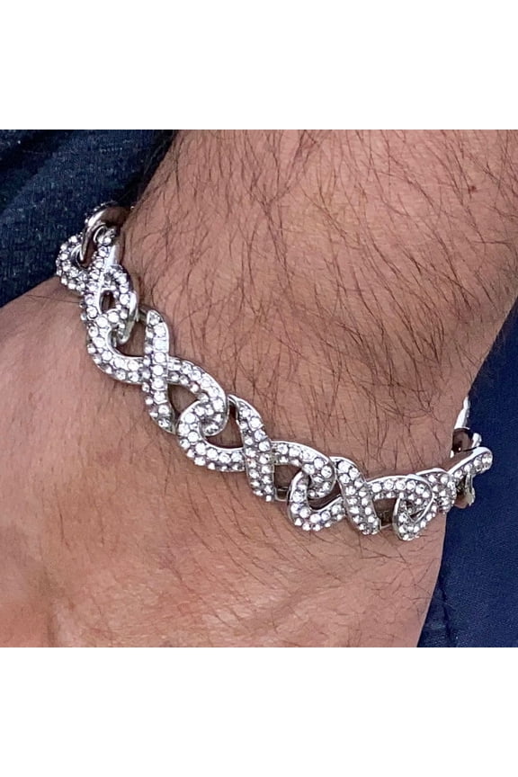 Mens Infinity Link Hip Hop Bracelet Iced Blinged Out Silver Tone 15MM Thick 8.5" Inch