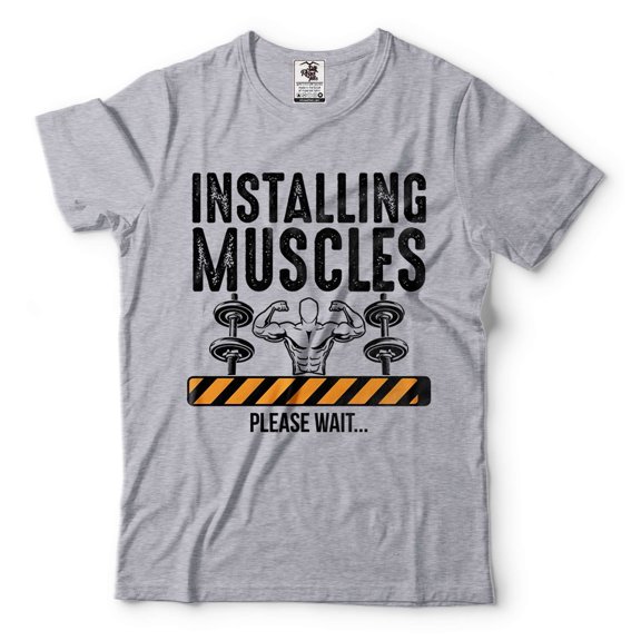 Mens Installing Muscles Shirt Gym Shirts Bodybuilder Shirt Funny Gym Joke Tees Fitness Gifts (Large Grey)