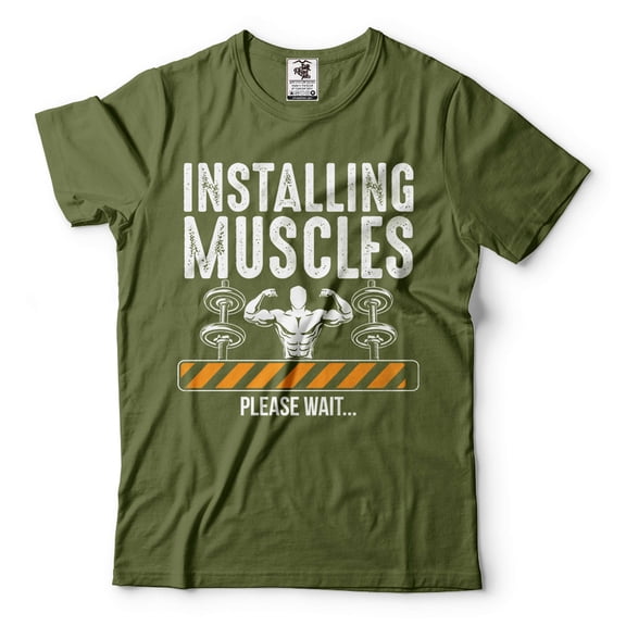 Mens Installing Muscles Shirt Gym Shirts Bodybuilder Shirt Funny Gym Joke Tees Fitness Gifts (Large Military Green)