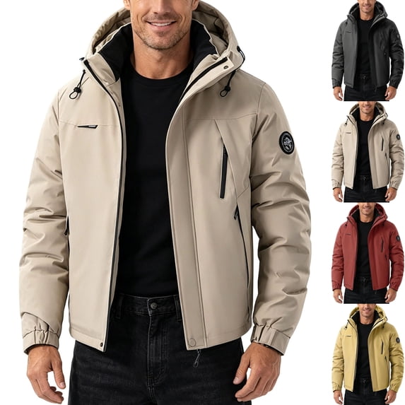 Mens Insulated Winter Jacket Snow Coat Windproof Thermal Hooded Windbreaker Coat for Outdoor Hiking Camping with Zip Pockets, Khaki, XL
