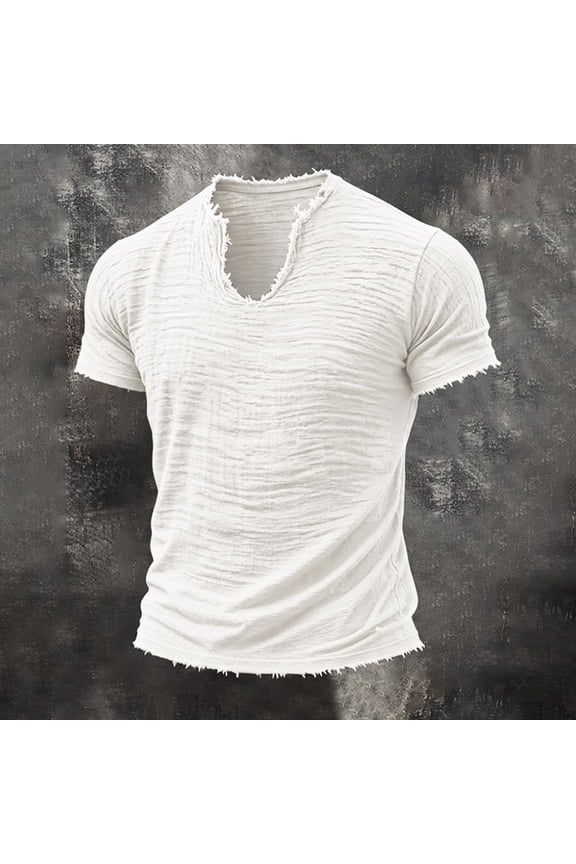 Mens Irregular V Neck Casual Shirts Frayed Edge Short Sleeve Cotton Linen Pullovers Breathable Lightweight Vintage Streetwear Tops