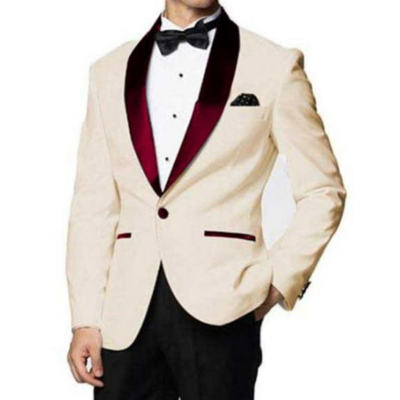 Mens Ivory Cheap Priced Designer Fashion Dress Casual Blazer On Sale One Button Burgundy Shawl Lapel Blazer