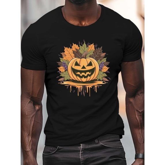 Halloween Mens Jack O Lantern Graphic Tee T Shirt Tops Breathable Short Sleeve Round Neck Black S-5XL