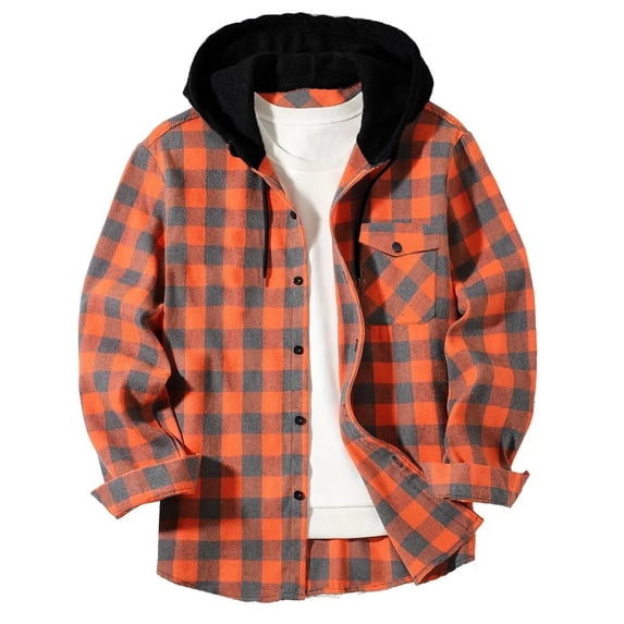 Mens Jacket Button Down Orange Hooded Plaid Shirt Fall Winter Button-Up Casual Mens Outerwear