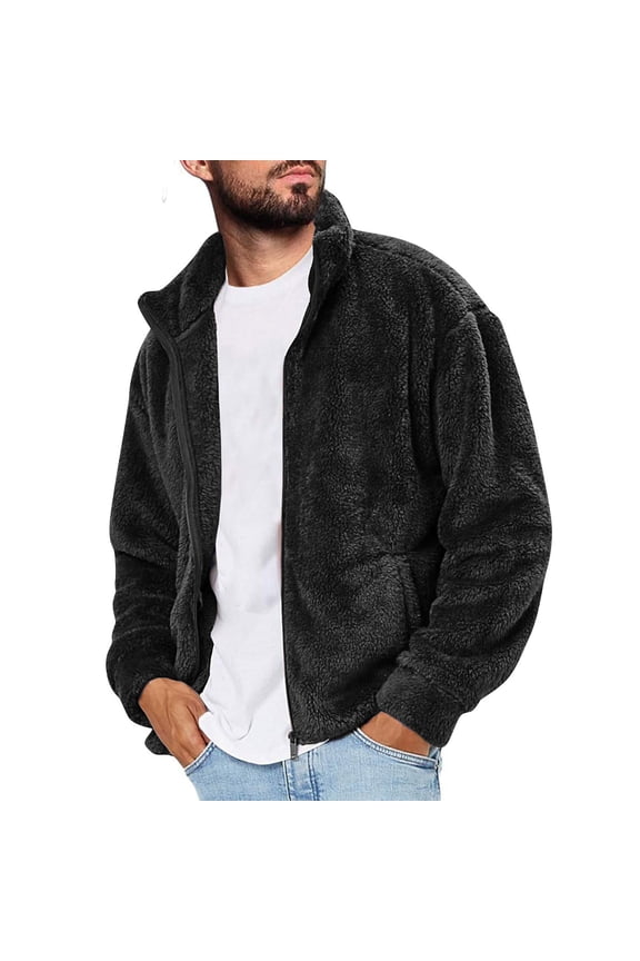 Mens Jacket Cardigan Fleece Long Sleeve Full Zip Open Front Thermal Coat Fall Winter Outwear for Cold Weather with Soft and Warm Materials Perfect for Layering,Black,2XL