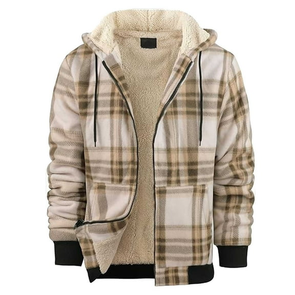 Mens Jacket Coat Plaid Fall Hooded Color Blocked Drawstring Zip Wind Breaker Jackets Mens,Beige,L