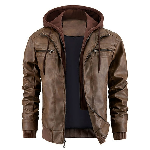 Mens Jacket Coat Pu Hooded Outdoor Casual Leather Style Mens Jackets Y2K,Brown,XL