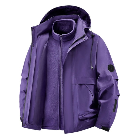 Mens Jacket Coat Pure Color Fake Two Layers Drawstring Hooded With Pockets Oversized Denim Jacket Men,Purple,M