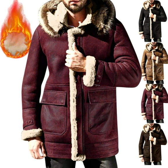 Mens Jacket Mens Winter Jacket with Hood Plus Size Zip up Sherpa Fleece Lined Warm Coats with Pocket Loose Casual Long Sleeve Trendy Jackets Travel Thermal Outerwear