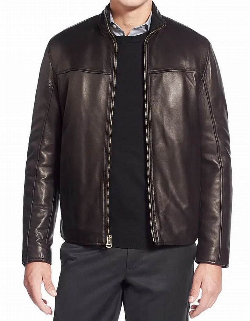 Cole Haan Men's Smooth Lamb Leather Jacket With Convertible Collar (Java, XXL)