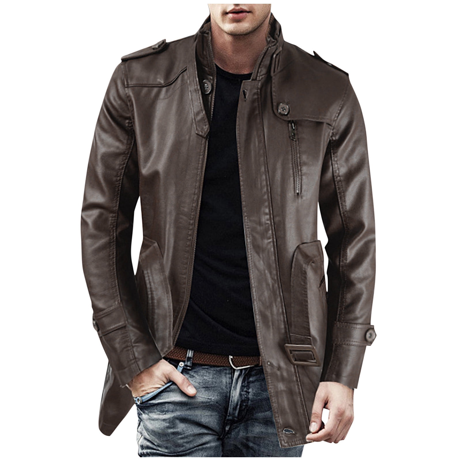 Men Coats Casual Leather Jacket Zipper Long Sleeve Stand Collar Trench Coat Casual Overcoat