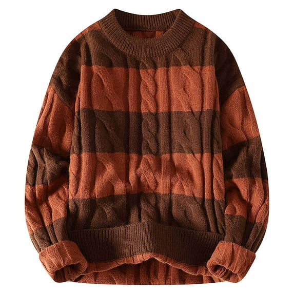 Mens Jacket Sweater Crewneck Loose Thickened Striped Knit Mens Warm Clothes,Coffee,L